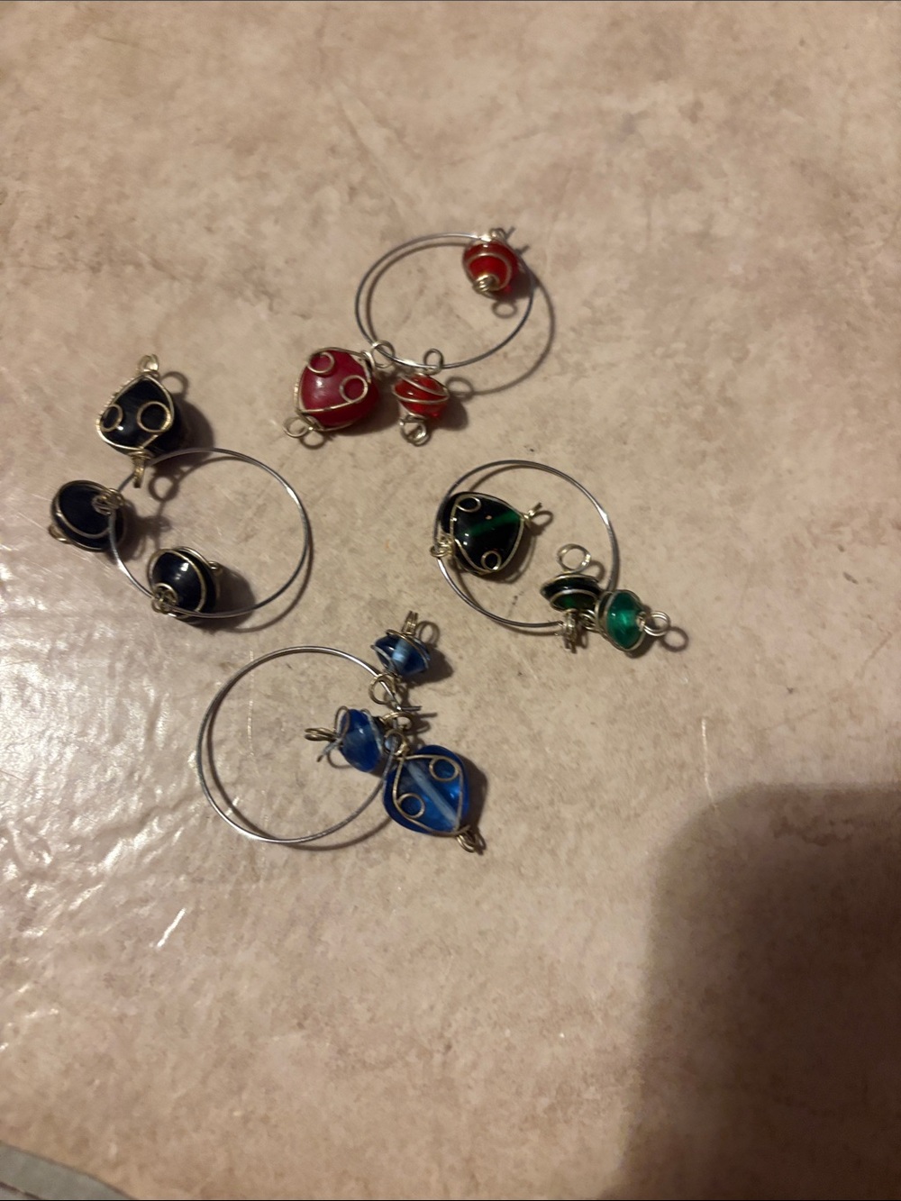 Silver Hoop Earrings with Colorful Glass Beads - Red, Blue, Green, Black